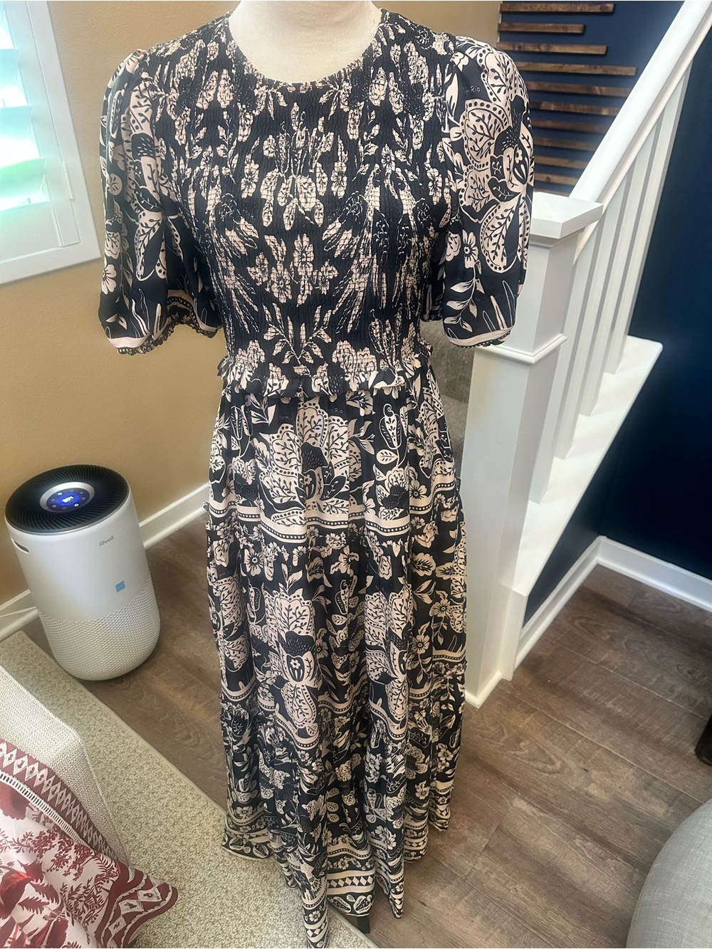 FARM Rio Black and Cream Floral Smocked Maxi Dress